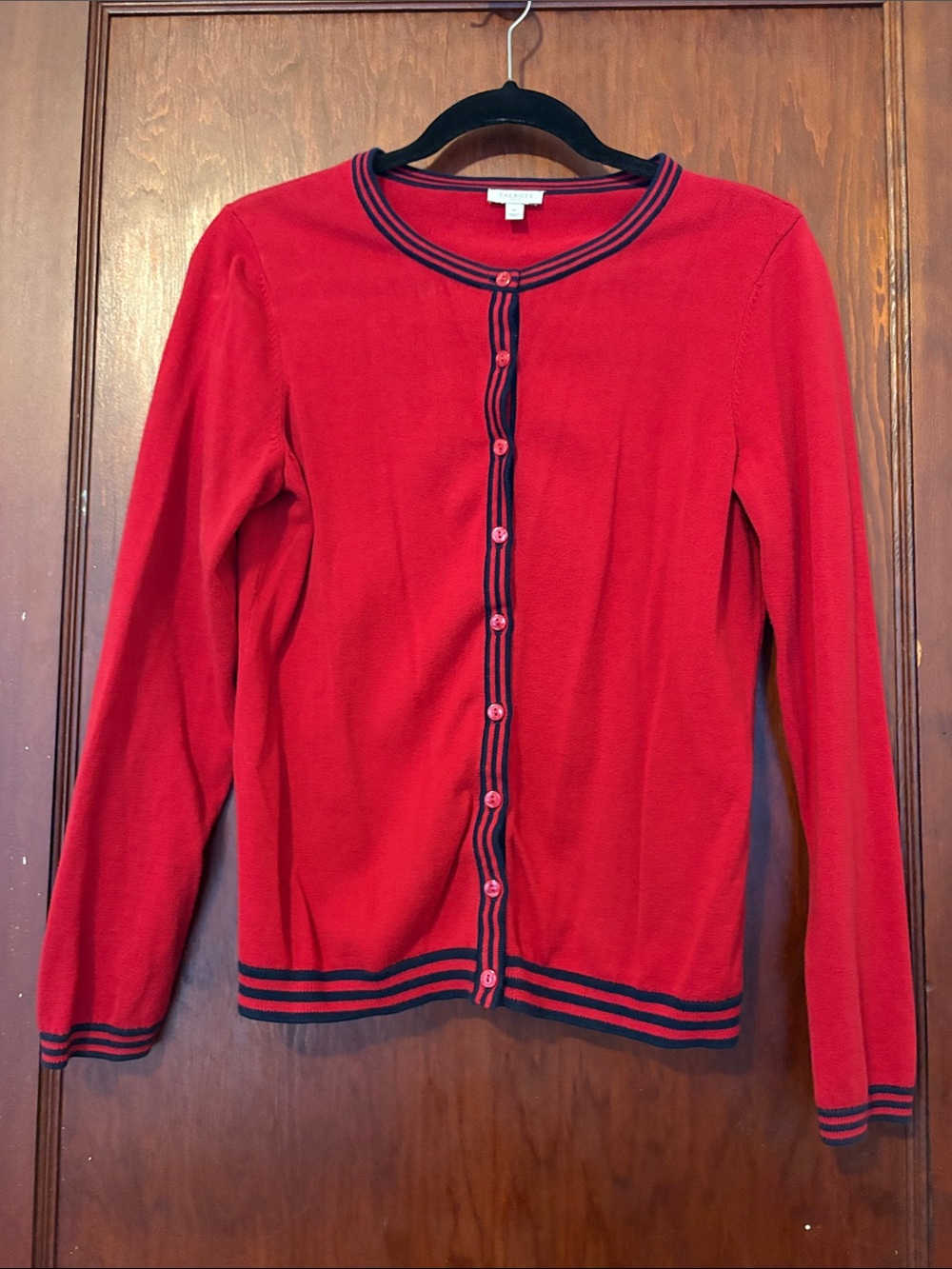 Talbots Women’s Red Button-Up Navy Blue Striped-Trim Cardigan Sweater